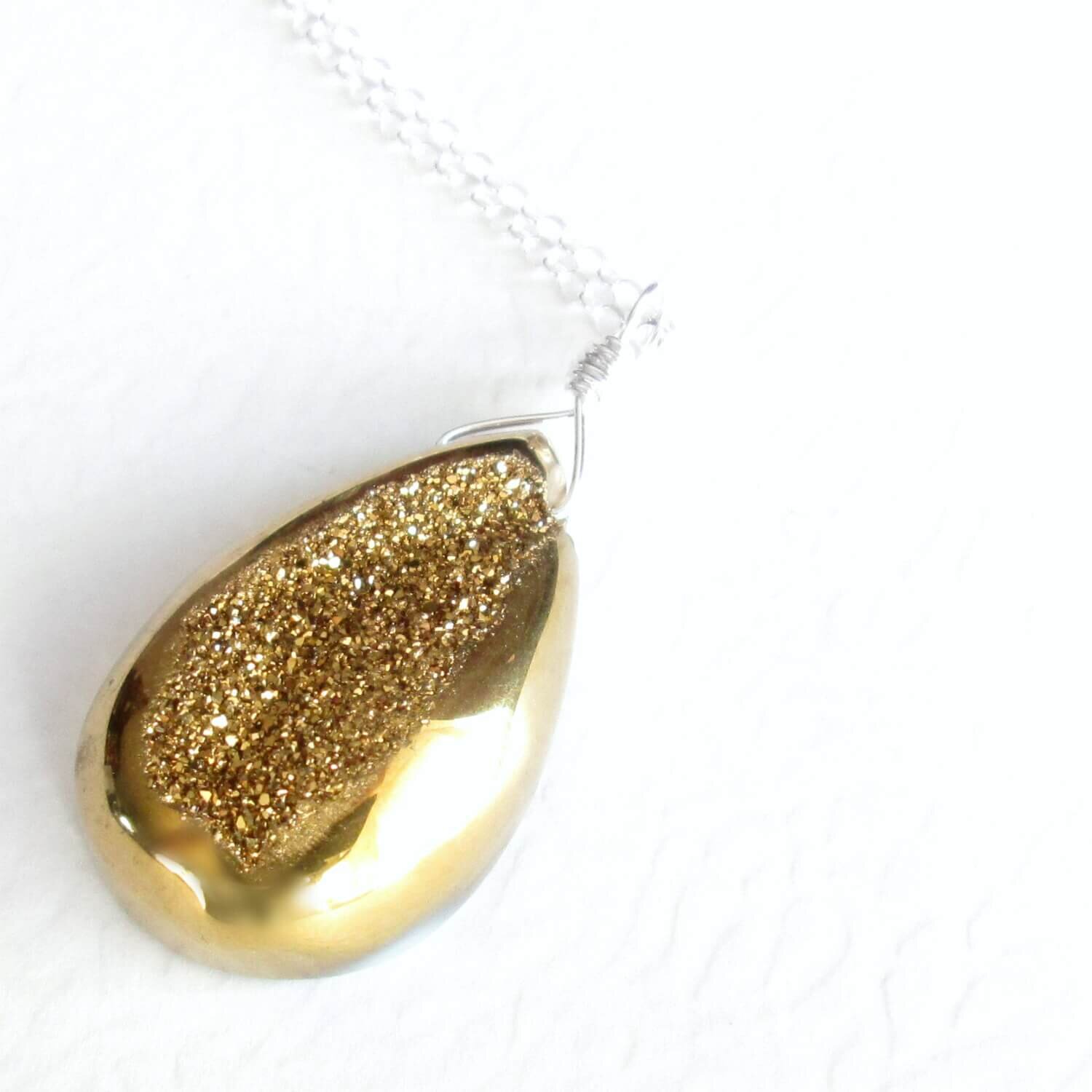 Bright Gold Druzy Necklace, Teardrop Geode — CindyLouWho2